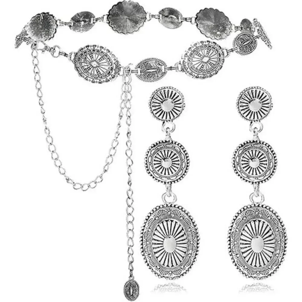 2 Pc Western Concho Belt for Woman Vintage Style Plus Cowgirl Earrings